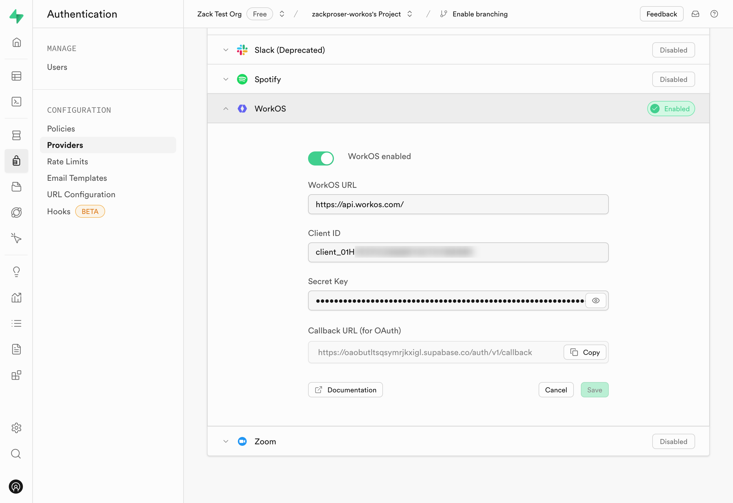 Enter your WorkOS application details in your Supabase app's auth provider settings panel